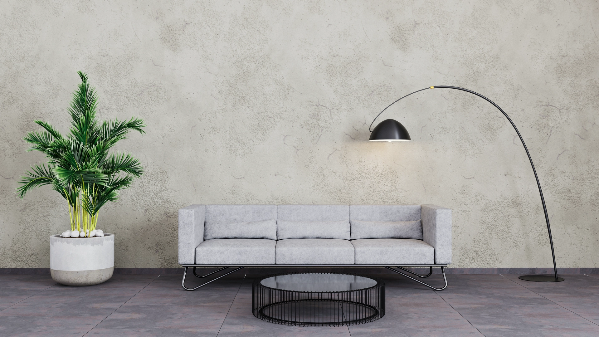 grey painted basement ceiling with grey wall, sofa, a lamp a table with plant in a room